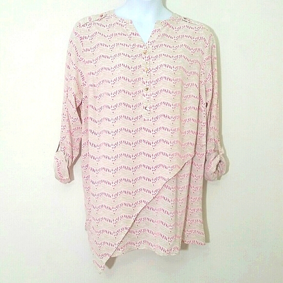 Top tunic White beige Pink Button Tab Roll Up Sleeve Stretchy Classy Lightweight - Picture 1 of 6